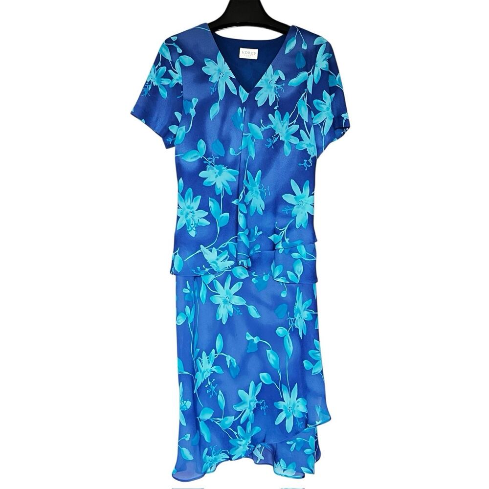 VINTAGE KORET PRESS BLUE FLORAL FLOWY 2 PIECE TOP & SKIRT SET PETITES SIZE 14P